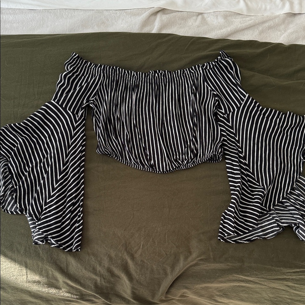 Black and White Striped Off-Shoulder Crop Top